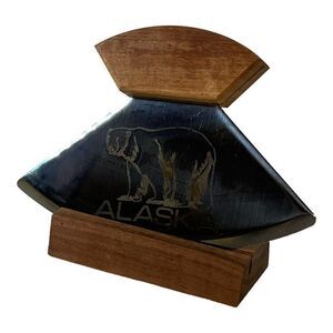 Souvenir Alaskan Ulu Knife With Stand Polar Bear Alaska Wood Handle & Base Stand